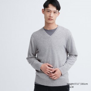 UNIQLO 100pct Cashmere V Neck Jumper Gray | 078-QCZUYW