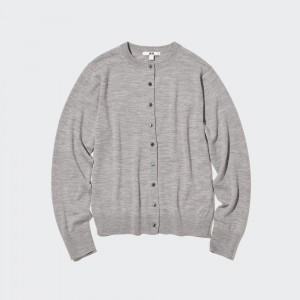 UNIQLO 100pct Extra Fine Merino Crew Neck Cardigan Gray | 659-IEMLFQ