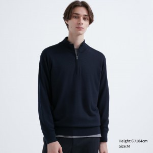 UNIQLO 100pct Extra Fine Merino Half Zipped Jumper Lacivert | 130-PSGYTL