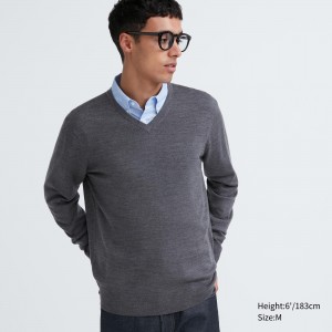 UNIQLO 100pct Extra Fine Merino V Neck Jumper Gray | 480-FKTHUJ
