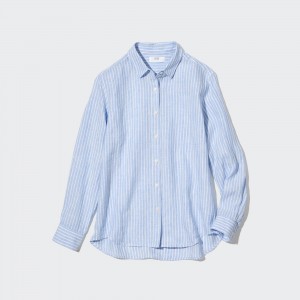UNIQLO 100pct Premium Linen Striped Long Sleeved Shirt Açık Mavi | 254-LPRBMU
