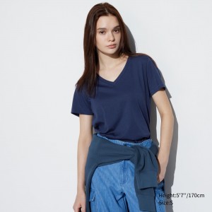 UNIQLO 100pct Supima Cotton V Neck Short Sleeved T-Shirt Mavi | 450-NWEYZJ