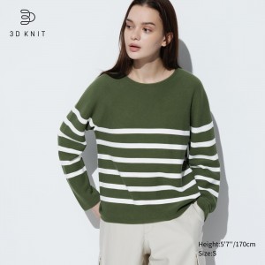 UNIQLO 3d Knit Seamless Cotton Striped Crew Neck Jumper Zeytin Yeşili | 751-EZCKPJ