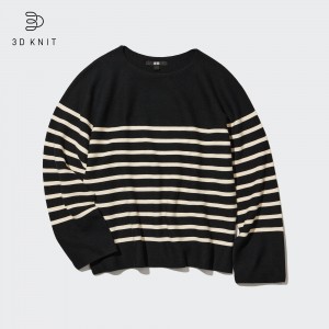 UNIQLO 3d Knit Seamless Cotton Striped Crew Neck Jumper Siyah | 420-CHBNRE