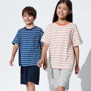UNIQLO Airism Cotton Blend Striped Lounge Set Lacivert | 946-CIZKJP