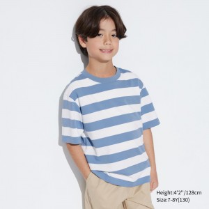 UNIQLO Airism Cotton Striped Crew Neck Short Sleeved T-Shirt Mavi | 086-IFQOPS