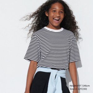 UNIQLO Airism Cotton Striped Crew Neck T-Shirt Siyah | 759-FQXISU
