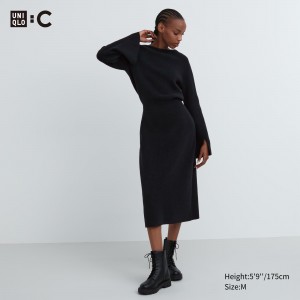 UNIQLO Boat Neck Long Sleeved Knitted Dress Siyah | 067-WASFJX
