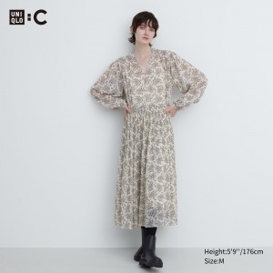 UNIQLO Chiffon Pleated Printed Long Sleeved Dress Beyaz | 318-UNFWBE