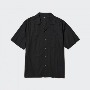 UNIQLO Cotton Blend Casual Short Sleeved Shirt Open Collar Siyah | 916-CFBXUO