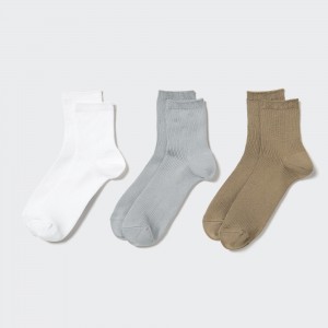 UNIQLO Crew Ribbed Socks Three Pairs Beyaz | 489-TALDMP
