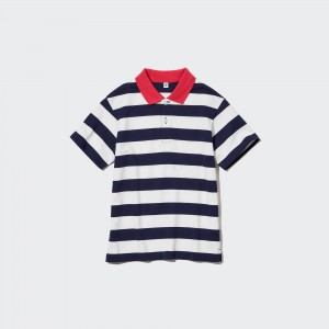 UNIQLO Dry Piqué Striped Short Sleeved Polo Shirt Lacivert | 267-QHBVSM