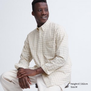 UNIQLO Extra Fine Cotton Broadcloth Regular Fit Checked Shirt Button Down Collar Beyaz | 916-AOYRDL