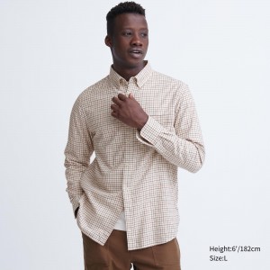 UNIQLO Flannel Regular Fit Checked Shirt Button Down Collar Beyaz | 594-BOZIFM