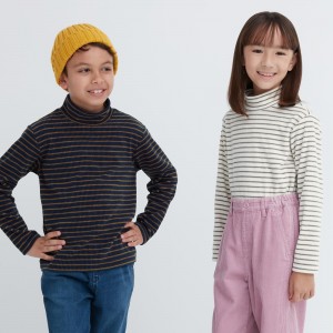 UNIQLO Fleece Ribbed Striped High Neck Long Sleeved T-Shirt Lacivert | 264-TUNRJY