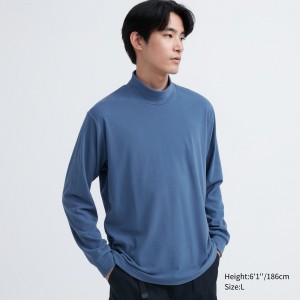 UNIQLO Fleece Stretch Mock Neck Long Sleeved T-Shirt Mavi | 321-KFHVNE