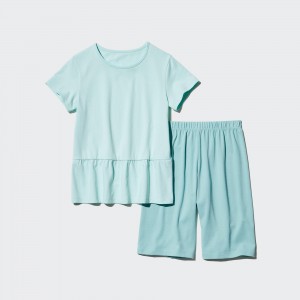UNIQLO Girls Airism Cotton Blend Short Sleeved Set Açık Yeşil | 547-QDZAHN