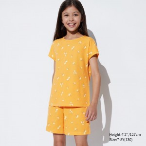 UNIQLO Girls Airism Cotton Blend Striped Short Sleeved Set Sarı | 845-NUFVAI