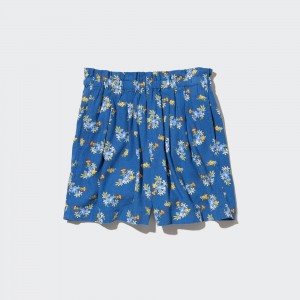 UNIQLO Girls Linen Blend Flower Print Easy Shorts Mavi | 415-KFCHBZ