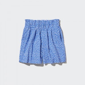 UNIQLO Girls Seersucker Flower Print Easy Shorts Mavi | 410-VKFGBJ