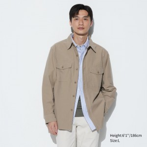 UNIQLO Jersey Overshirt Bej Rengi | 103-EGJIFC