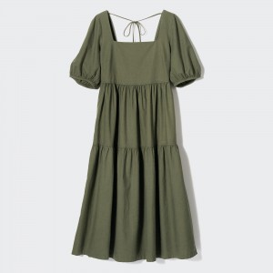 UNIQLO Linen Blend Shirring Volume Sleeved Dress Zeytin Yeşili | 915-VQUTRA