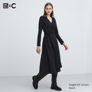UNIQLO Long Sleeved Wrap Dress Siyah | 156-RYZLMF