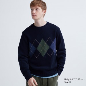 UNIQLO Premium Lambswool Argyle Crew Neck Jumper Lacivert | 951-ISJGDW