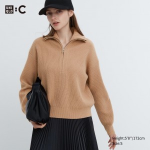 UNIQLO Premium Lambswool Half Zipped Jumper Bej Rengi | 217-YQOPMW