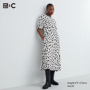 UNIQLO Printed Balloon Sleeved Dress Beyaz | 048-OYWABX