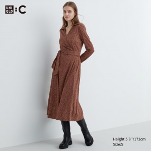 UNIQLO Printed Long Sleeved Wrap Dress Kahverengi | 759-TAFCKL