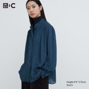 UNIQLO Printed Volume Blouse Mavi | 852-GZTKVE