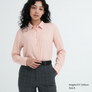 UNIQLO Rayon Long Sleeved Blouse Pembe | 965-OZSBJM