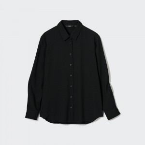 UNIQLO Rayon Long Sleeved Blouse Siyah | 251-UKZNFX