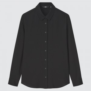 UNIQLO Rayon Long Sleeved Blouse Siyah | 206-WGKZET