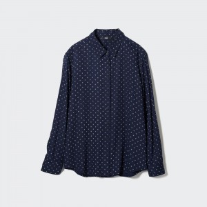 UNIQLO Rayon Printed Long Sleeved Blouse Lacivert | 478-IXJQKY