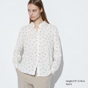 UNIQLO Rayon Printed Long Sleeved Blouse Beyaz | 625-JTOQLN