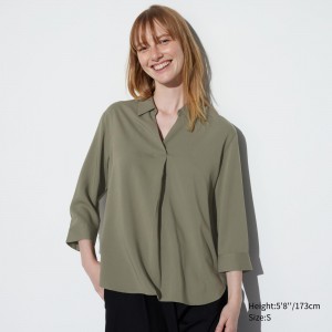 UNIQLO Rayon Skipper Collar 34 Sleeved Blouse Zeytin Yeşili | 753-XAQTCJ