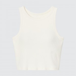 UNIQLO Ribbed Cropped Sleeveless Bra Top Beyaz | 742-QOKPEC