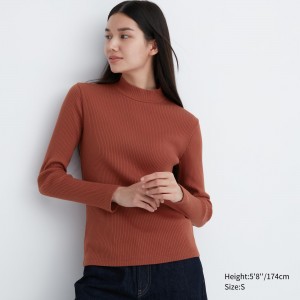 UNIQLO Ribbed High Neck Long Sleeved T-Shirt Koyu Turuncu | 392-PMNTHV