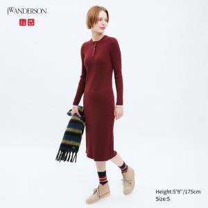 UNIQLO Ribbed Knit Long Sleeved Dress Kırmızı | 524-DUATGK