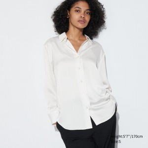 UNIQLO Satin Long Sleeved Blouse Beyaz | 693-ZBVYWD