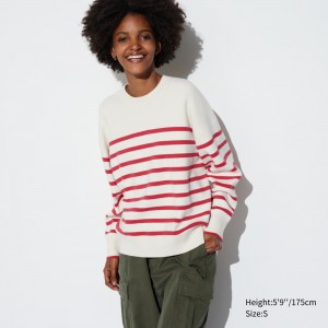 UNIQLO Smooth Cotton Relaxed Fit Striped Crew Neck Jumper Kırmızı | 726-CBLFOI