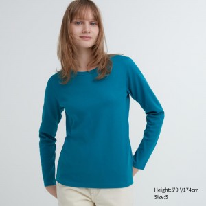 UNIQLO Smooth Cotton Stretch Crew Neck Long Sleeved T-Shirt Yeşil | 594-BEUCQZ