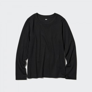 UNIQLO Smooth Stretch Cotton Crew Neck Long Sleeved Top Siyah | 427-KZWLEQ