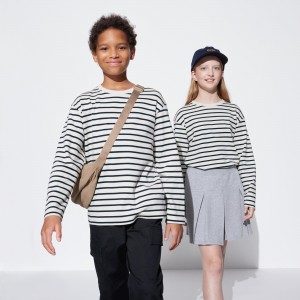 UNIQLO Soft Brushed Cotton Striped Crew Neck Long Sleeved T-Shirt Beyaz | 203-ZTCRVD