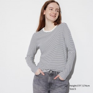 UNIQLO Soft Ribbed Fitted Striped Crew Neck Long Sleeved T-Shirt Beyaz | 657-PQFEHR
