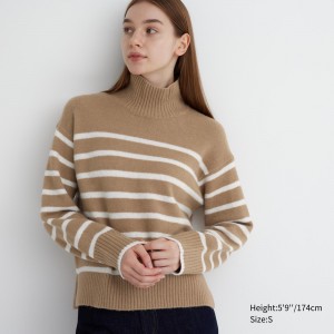 UNIQLO Soufflé Yarn Striped High Neck Jumper Bej Rengi | 453-NBSTWI