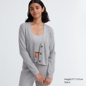 UNIQLO Washable Knit Ribbed Cardigan Gray | 063-QYLDIK