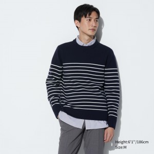 UNIQLO Washable Milano Ribbed Striped Crew Neck Jumper Lacivert | 815-QICYFO